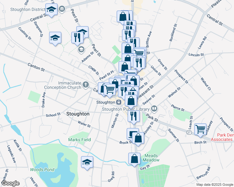 map of restaurants, bars, coffee shops, grocery stores, and more near 10 Porter Street in Stoughton