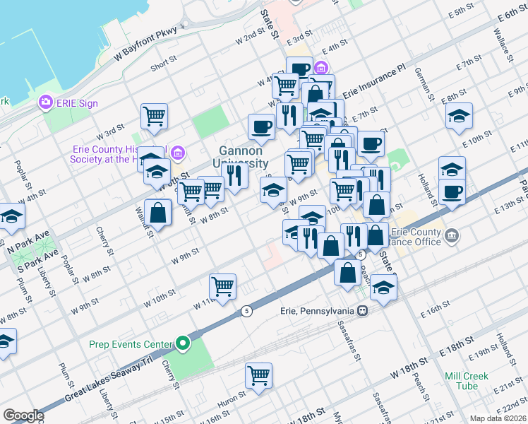 map of restaurants, bars, coffee shops, grocery stores, and more near 901 West 12th Street in Erie