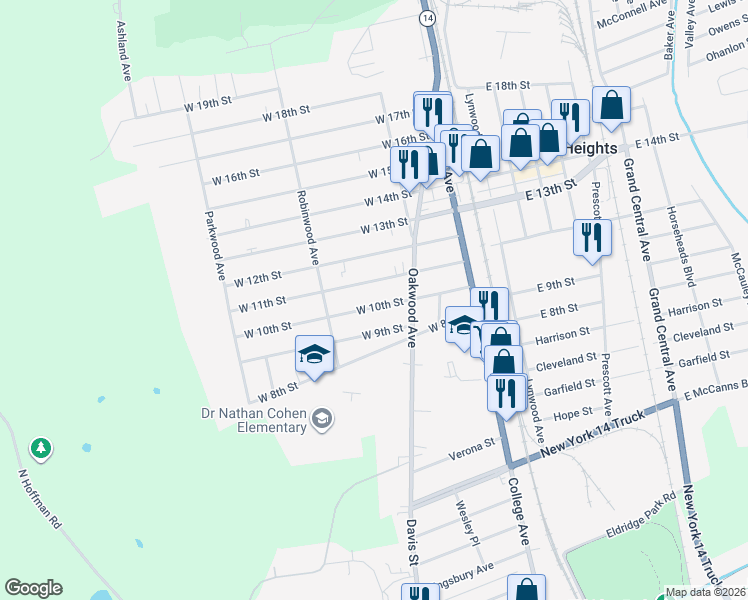 map of restaurants, bars, coffee shops, grocery stores, and more near 216 West 10th Street in Elmira