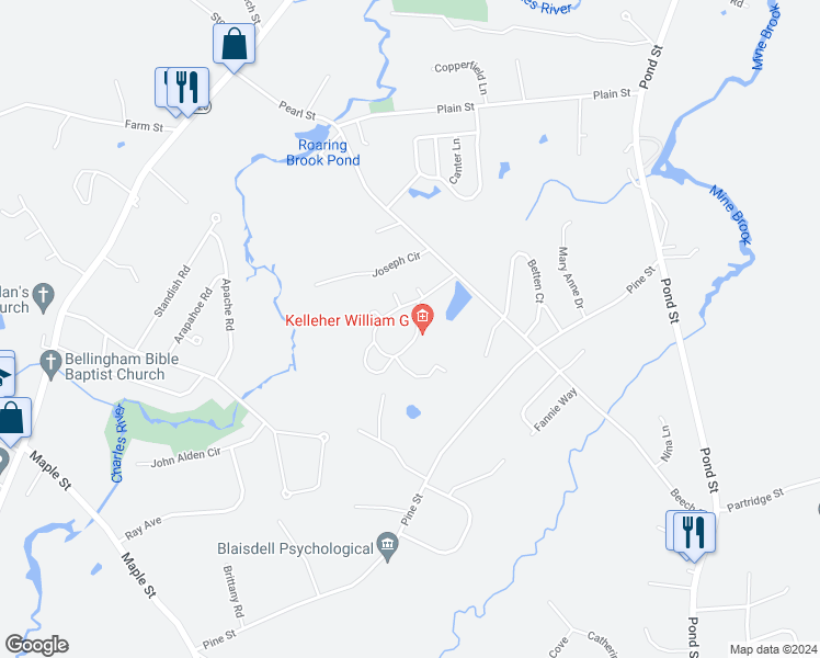 map of restaurants, bars, coffee shops, grocery stores, and more near 25 Hawthorne Village in Franklin
