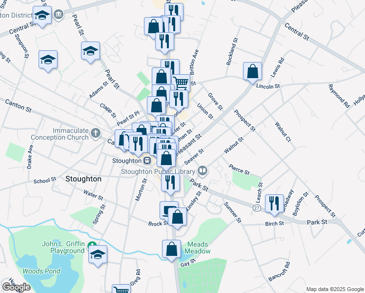 map of restaurants, bars, coffee shops, grocery stores, and more near 15 Capen Street in Stoughton