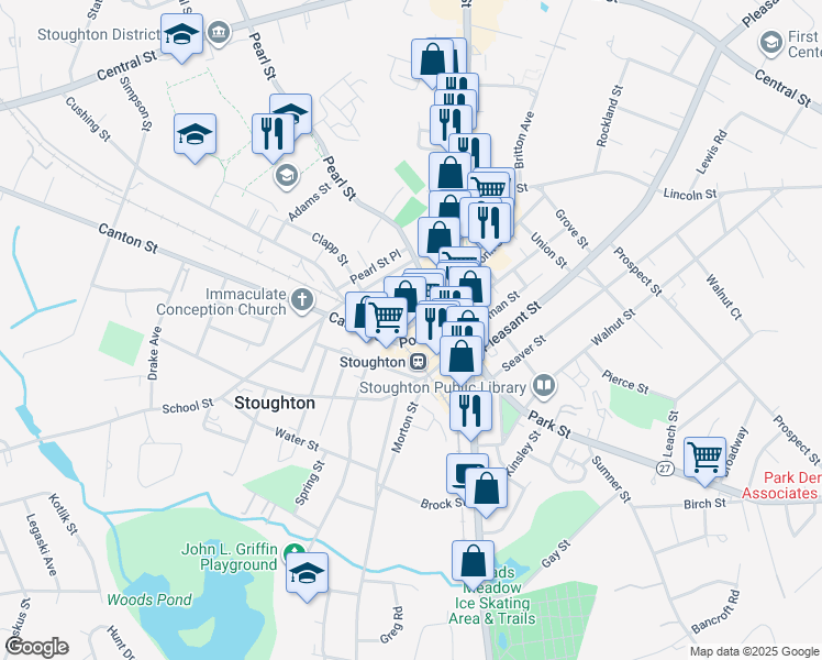 map of restaurants, bars, coffee shops, grocery stores, and more near 2 Canton Street in Stoughton