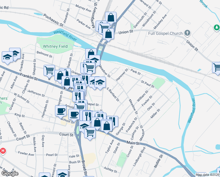 map of restaurants, bars, coffee shops, grocery stores, and more near 19 East Bartlett Street in Westfield