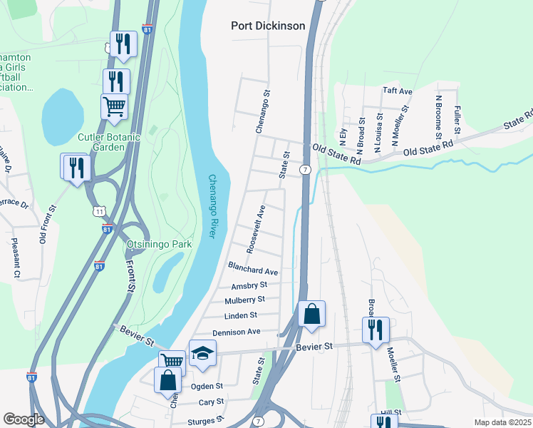map of restaurants, bars, coffee shops, grocery stores, and more near 23 Roosevelt Avenue in Binghamton