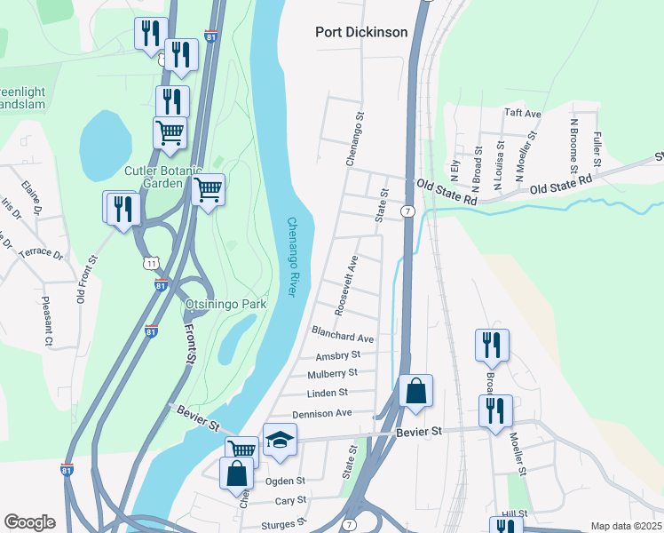 map of restaurants, bars, coffee shops, grocery stores, and more near 23 Roosevelt Avenue in Binghamton