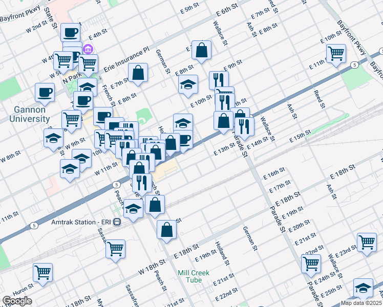 map of restaurants, bars, coffee shops, grocery stores, and more near 226 E 13th St in Erie