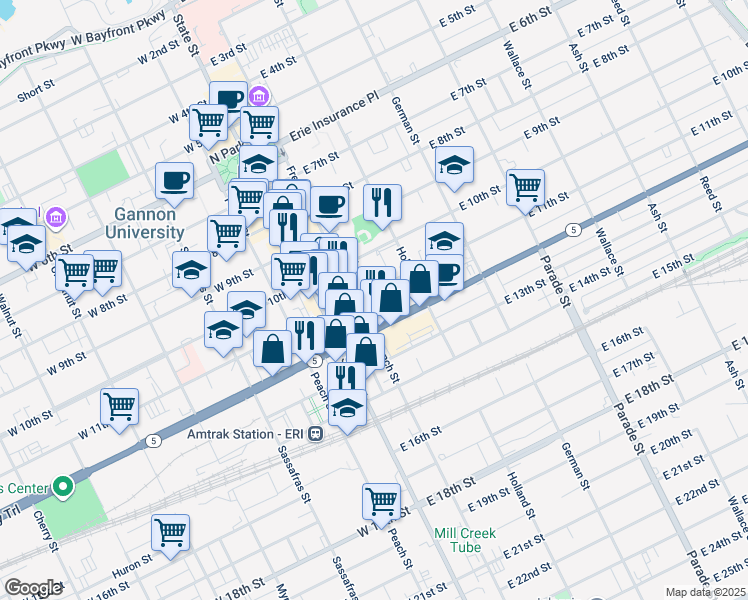 map of restaurants, bars, coffee shops, grocery stores, and more near 26 East 12th Street in Erie