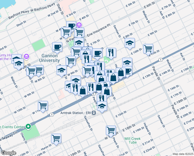 map of restaurants, bars, coffee shops, grocery stores, and more near 1129 State Street in Erie