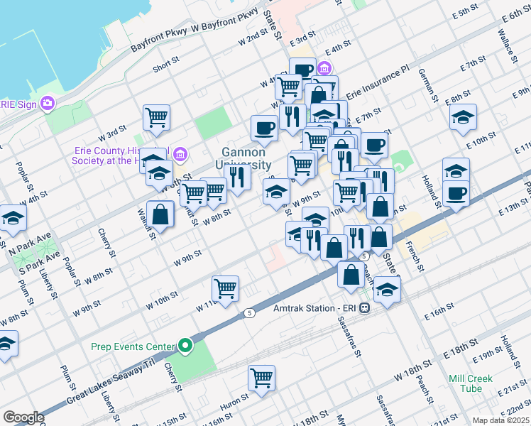 map of restaurants, bars, coffee shops, grocery stores, and more near 901 West 12th Street in Erie