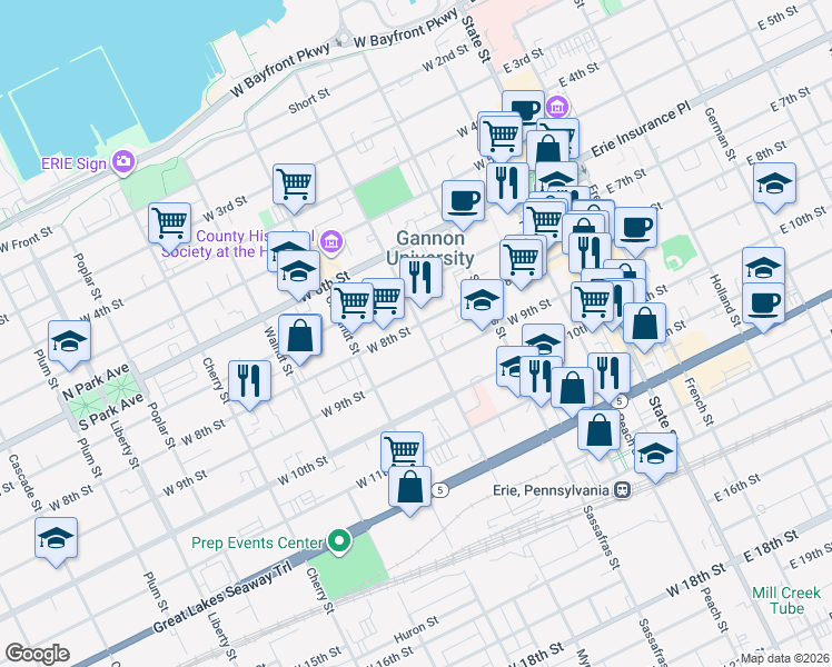 map of restaurants, bars, coffee shops, grocery stores, and more near 824 Myrtle Street in Erie