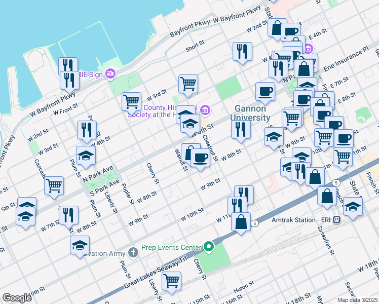 map of restaurants, bars, coffee shops, grocery stores, and more near 464 West 7th Street in Erie