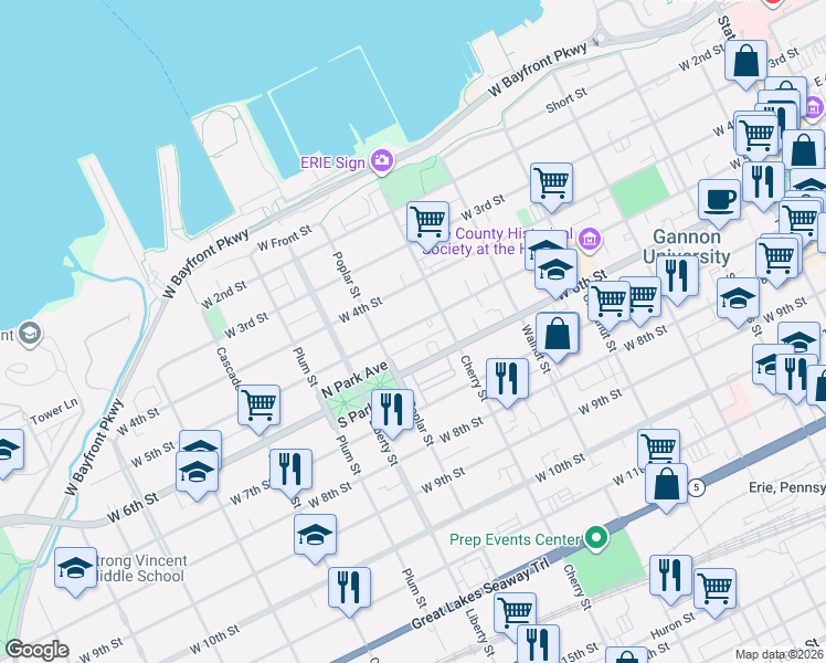 map of restaurants, bars, coffee shops, grocery stores, and more near 632 34 W 6 Street in Erie