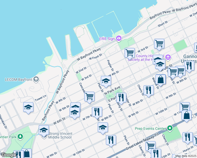 map of restaurants, bars, coffee shops, grocery stores, and more near 825 West 4th Street in Erie
