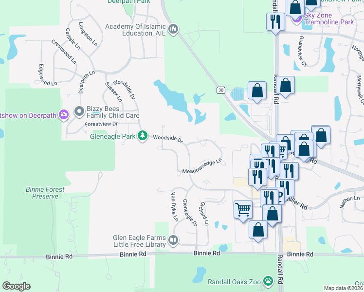 map of restaurants, bars, coffee shops, grocery stores, and more near 2327 Woodside Drive in Carpentersville