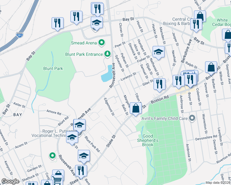 map of restaurants, bars, coffee shops, grocery stores, and more near 18 North Chatham Street in Springfield