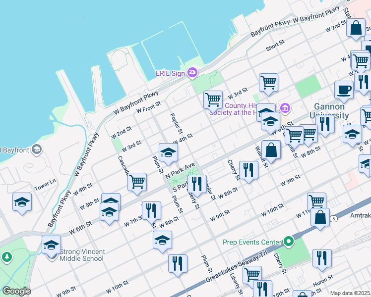 map of restaurants, bars, coffee shops, grocery stores, and more near 420 Poplar Street in Erie