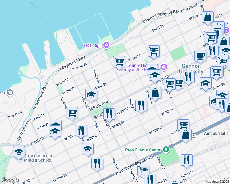 map of restaurants, bars, coffee shops, grocery stores, and more near 632 34 W 6 Street in Erie