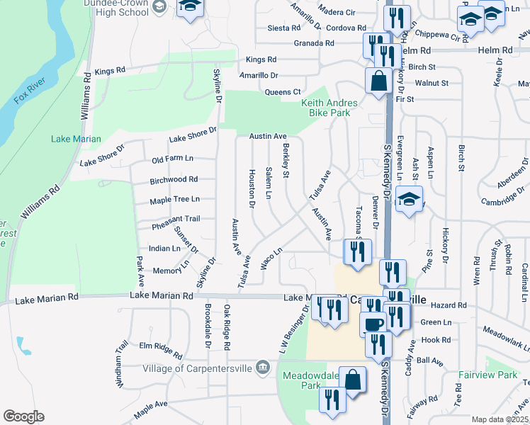 map of restaurants, bars, coffee shops, grocery stores, and more near 706 Houston Drive in Carpentersville