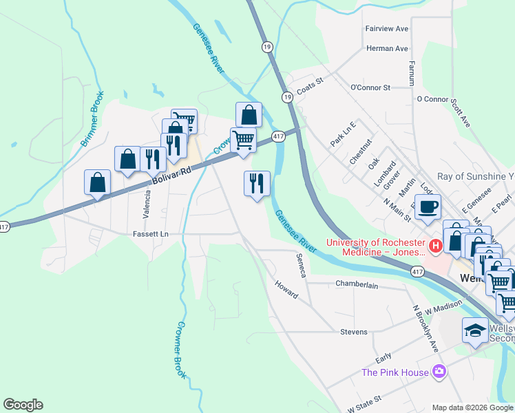 map of restaurants, bars, coffee shops, grocery stores, and more near 125 Bolivar Road in Wellsville
