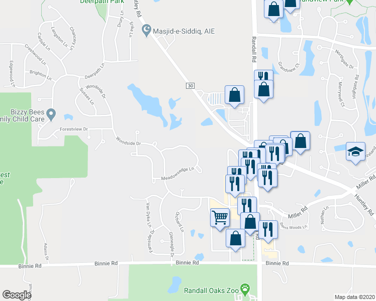 map of restaurants, bars, coffee shops, grocery stores, and more near 1438 Meadowsedge Lane in Carpentersville