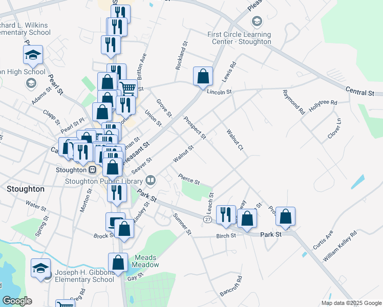 map of restaurants, bars, coffee shops, grocery stores, and more near 203 Walnut Street in Stoughton