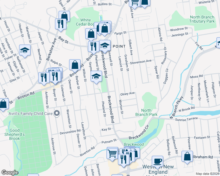 map of restaurants, bars, coffee shops, grocery stores, and more near 133 Plum Street in Springfield