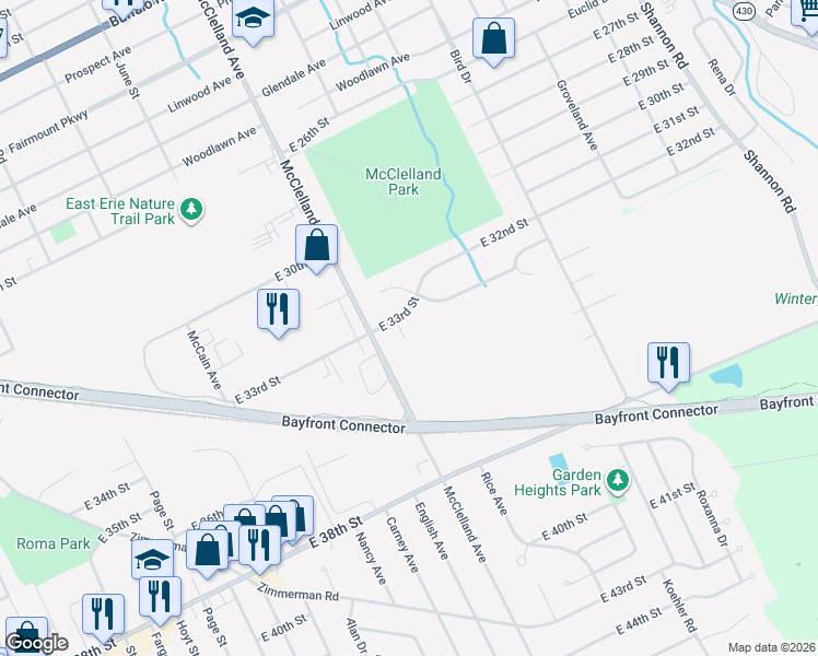 map of restaurants, bars, coffee shops, grocery stores, and more near 3315 Rice Ave in Erie