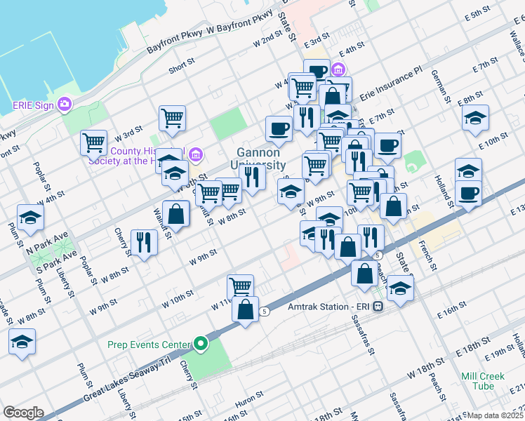 map of restaurants, bars, coffee shops, grocery stores, and more near 824 Myrtle Street in Erie