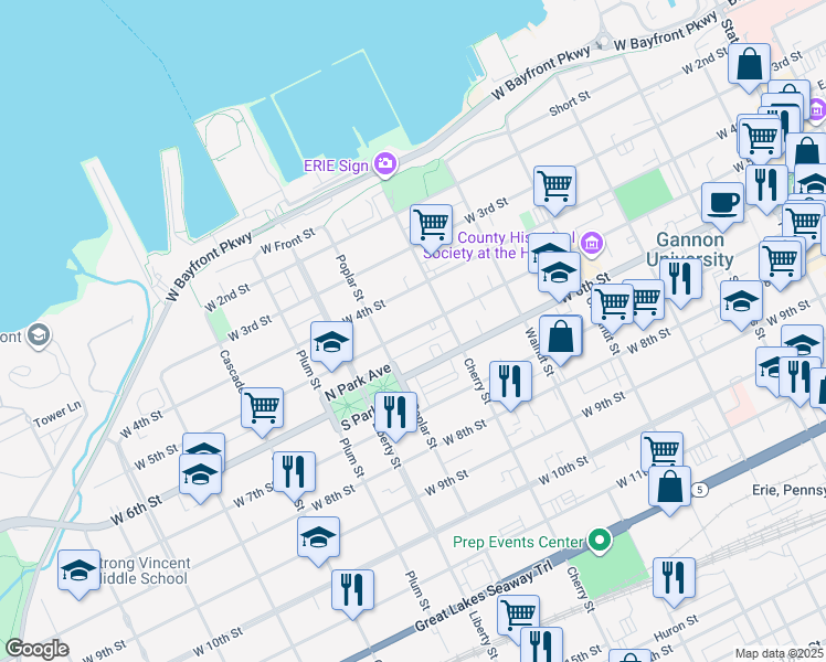 map of restaurants, bars, coffee shops, grocery stores, and more near 632 34 W 6 Street in Erie