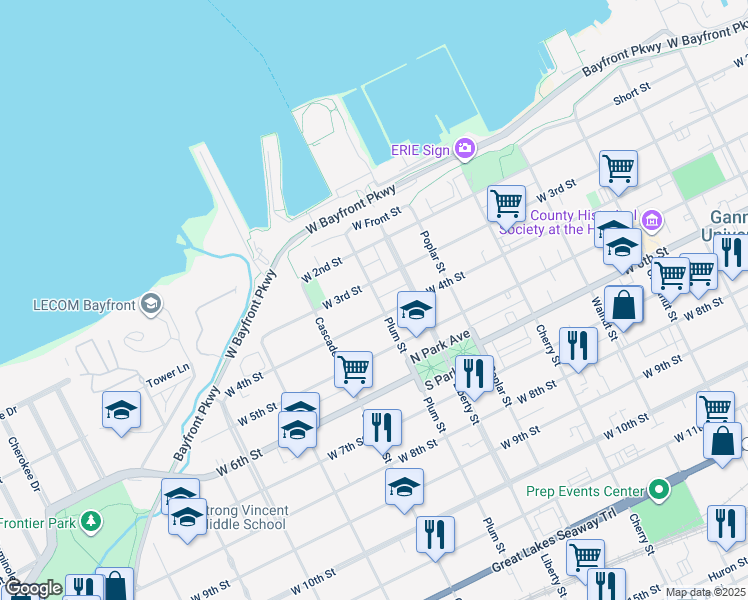 map of restaurants, bars, coffee shops, grocery stores, and more near 926 West 4th Street in Erie