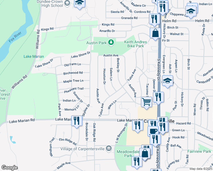 map of restaurants, bars, coffee shops, grocery stores, and more near 706 Houston Drive in Carpentersville