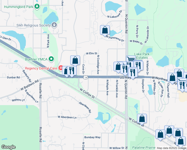 map of restaurants, bars, coffee shops, grocery stores, and more near 1009 West Northwest Highway in Palatine