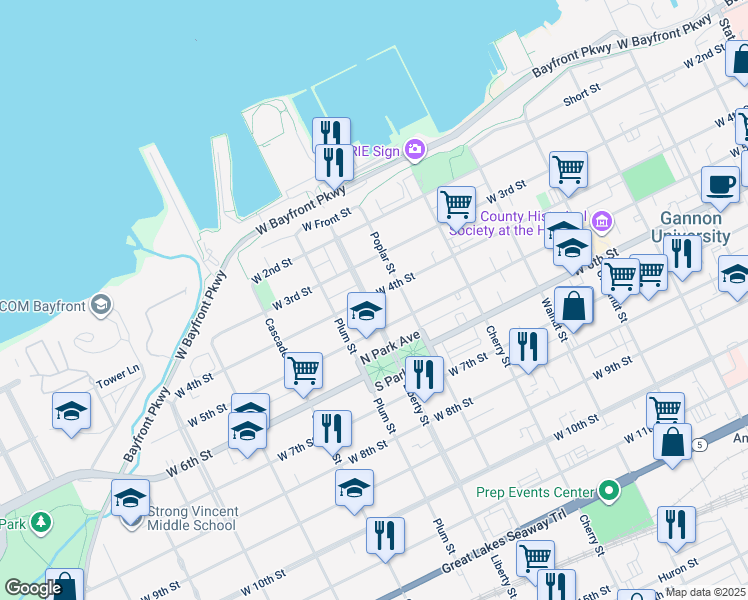 map of restaurants, bars, coffee shops, grocery stores, and more near 727 West 4th Street in Erie