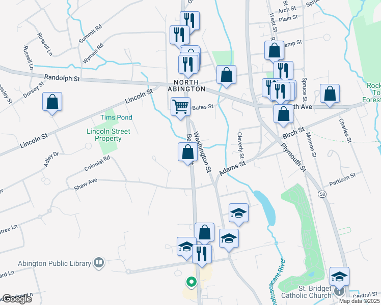 map of restaurants, bars, coffee shops, grocery stores, and more near Bedford Street in Abington