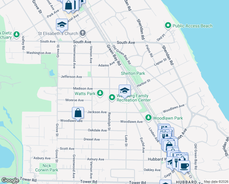 map of restaurants, bars, coffee shops, grocery stores, and more near 305 Randolph Street in Glencoe
