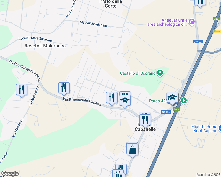 map of restaurants, bars, coffee shops, grocery stores, and more near 51 Via Scoranello in Città Metropolitana di Roma