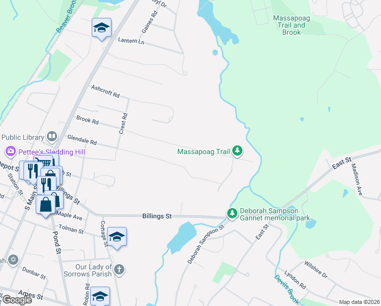 map of restaurants, bars, coffee shops, grocery stores, and more near 120 Glendale Road in Sharon