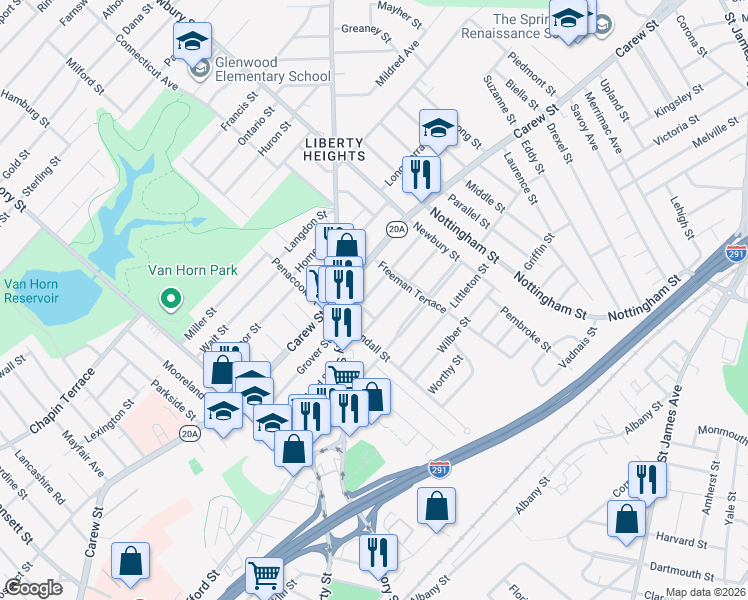 map of restaurants, bars, coffee shops, grocery stores, and more near 22-24 Kendall Street in Springfield