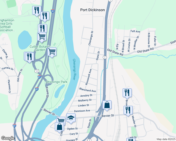 map of restaurants, bars, coffee shops, grocery stores, and more near 23 Roosevelt Avenue in Binghamton