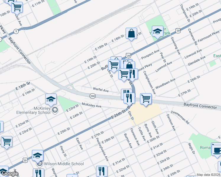 map of restaurants, bars, coffee shops, grocery stores, and more near Bayfront Bikeway in Erie