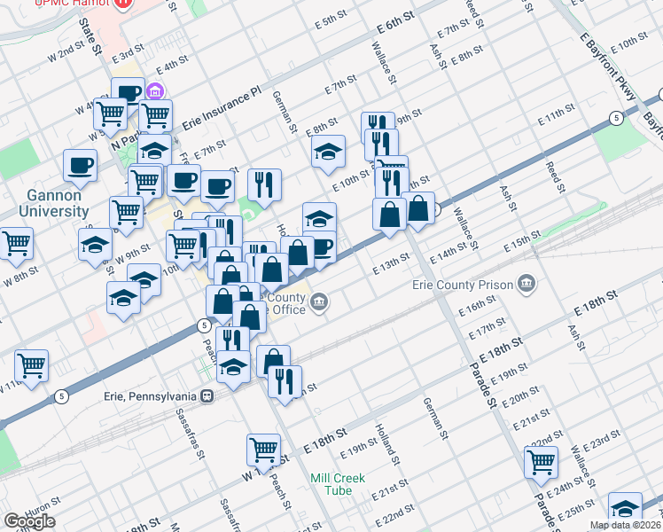 map of restaurants, bars, coffee shops, grocery stores, and more near 226 E 13th St in Erie