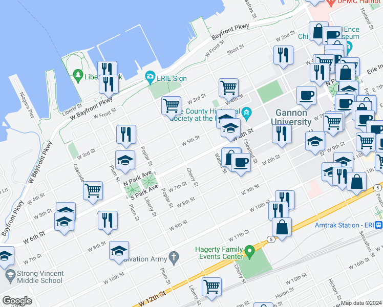 map of restaurants, bars, coffee shops, grocery stores, and more near 603 West 6th Street in Erie