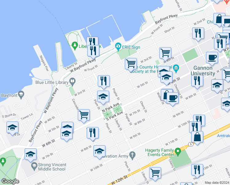 map of restaurants, bars, coffee shops, grocery stores, and more near 504 Poplar Street in Erie