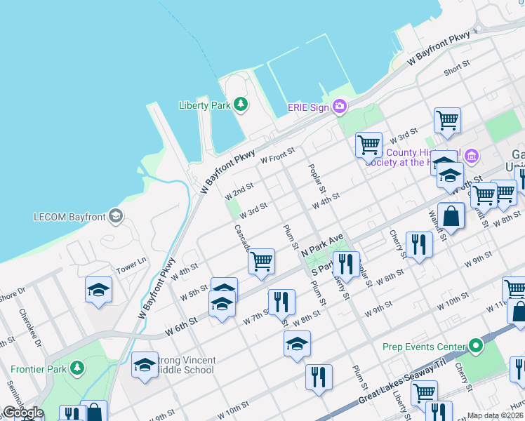 map of restaurants, bars, coffee shops, grocery stores, and more near 926 West 4th Street in Erie