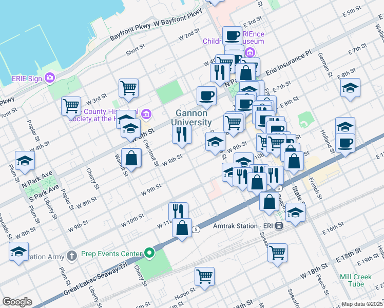 map of restaurants, bars, coffee shops, grocery stores, and more near 257 West 8th Street in Erie