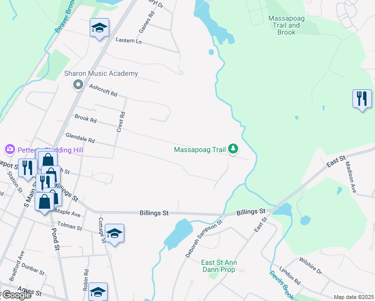 map of restaurants, bars, coffee shops, grocery stores, and more near 99 Brook Road in Sharon