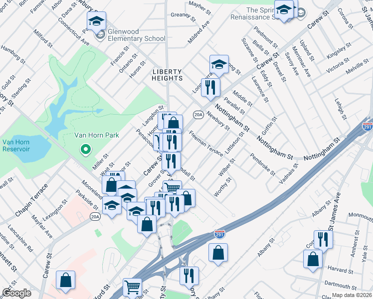 map of restaurants, bars, coffee shops, grocery stores, and more near 22-24 Kendall Street in Springfield