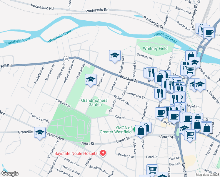 map of restaurants, bars, coffee shops, grocery stores, and more near 23 Allen Avenue in Westfield
