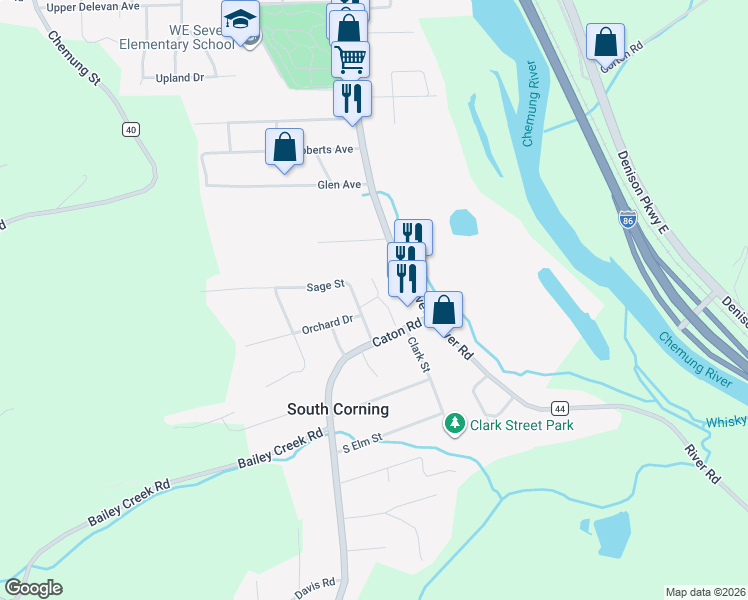 map of restaurants, bars, coffee shops, grocery stores, and more near 13 Emily Drive in South Corning