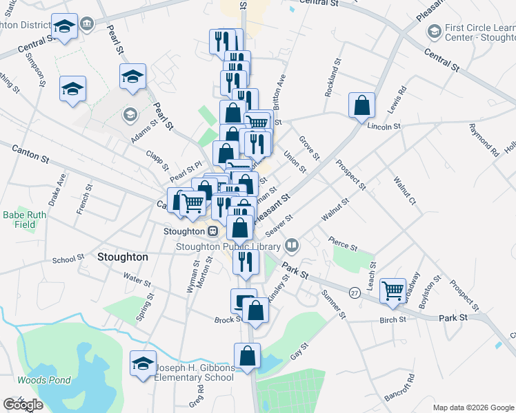 map of restaurants, bars, coffee shops, grocery stores, and more near 29 Freeman Street in Stoughton